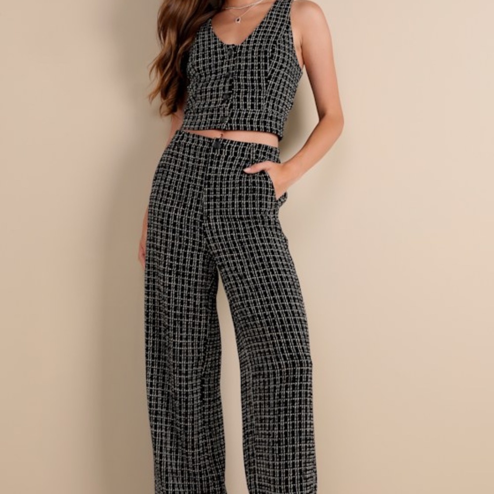 Lulus Posh Perception Black And White Plaid Tweed Wide-leg Pants - Size L